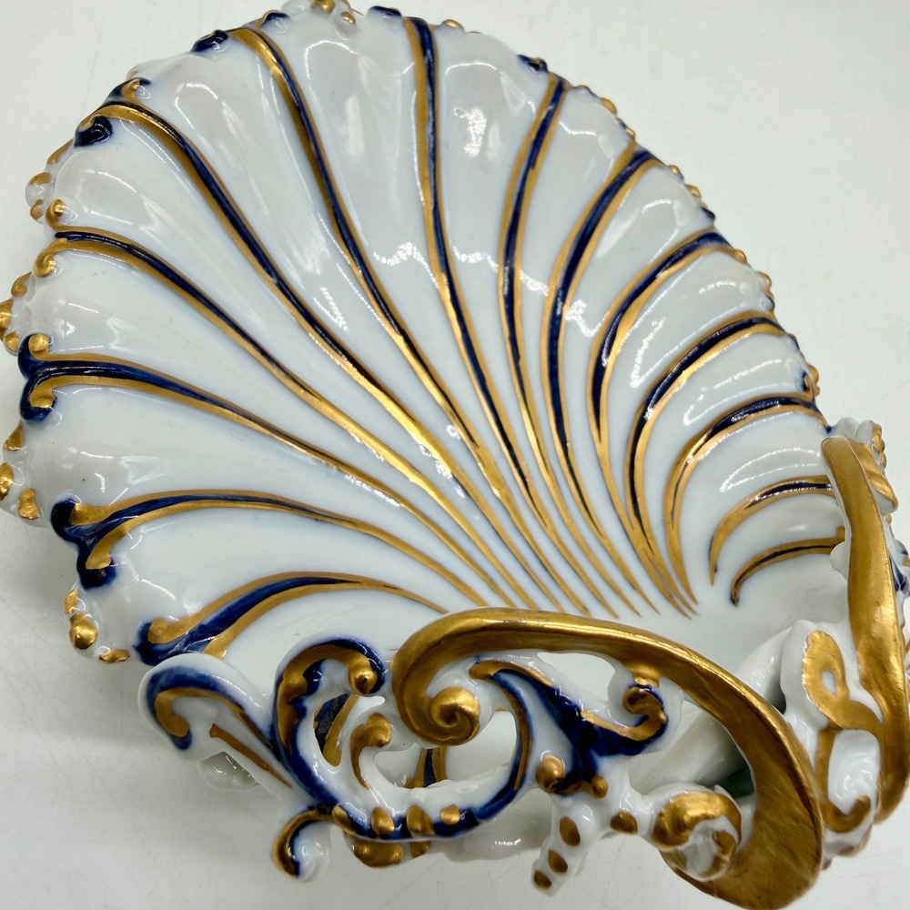 Bonwit Teller Italy Porcelain Shell Trinket Dish Cobalt Blue Gold Gilt Vintage